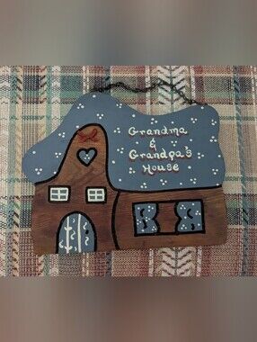 Grandma & Grandpa's House Wooden Hanging Sign - Blue and Brown Cottagecore